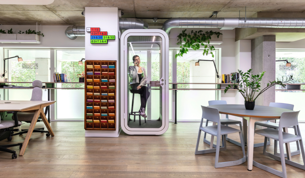 Phone booth in a biophilic coworking space with natural light in Paddington